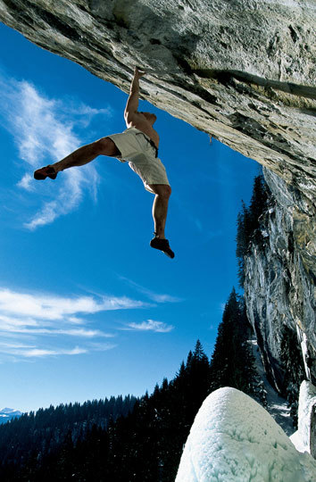 Alexander Huber free soloing Opportunist (5.13d) sportclimbing route, Schleierwasserfall, Tyrol, Aus ...